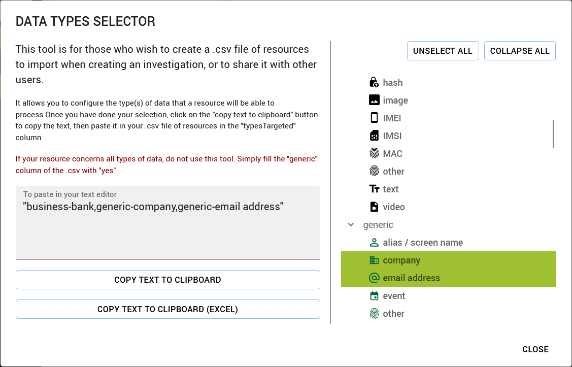 Types selector