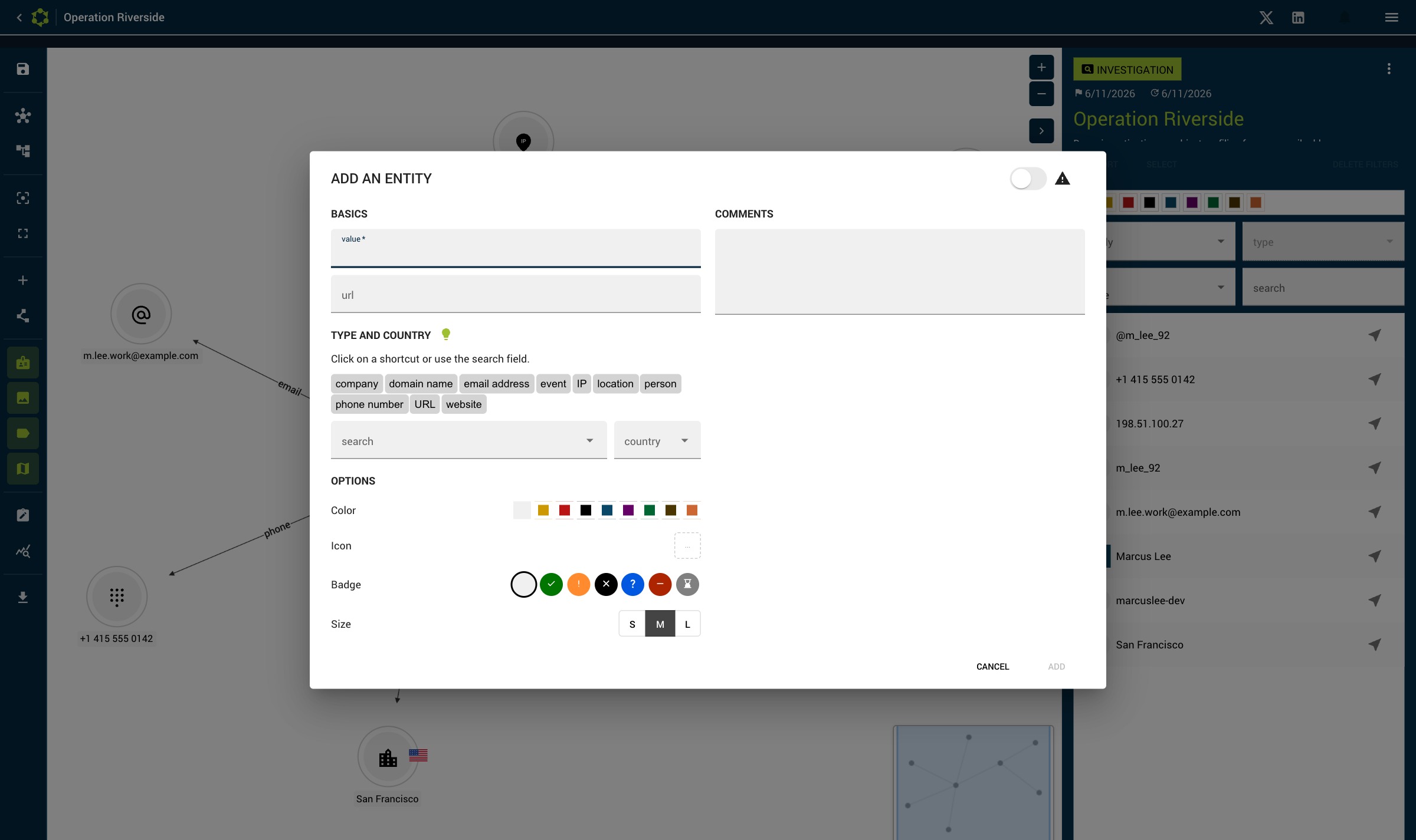 Entity creation dialog