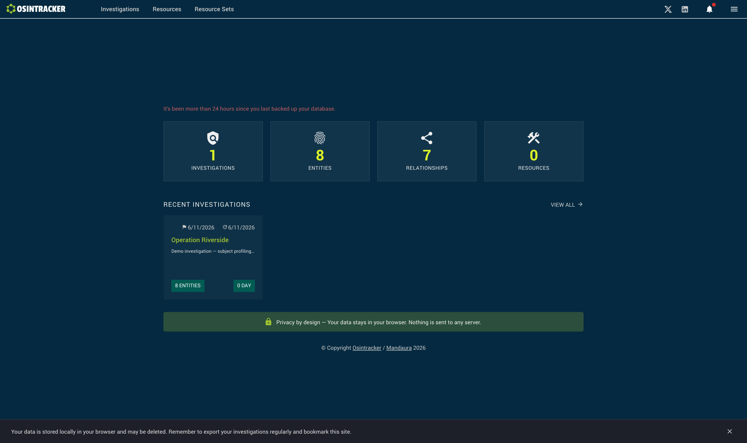 Osintracker home screen