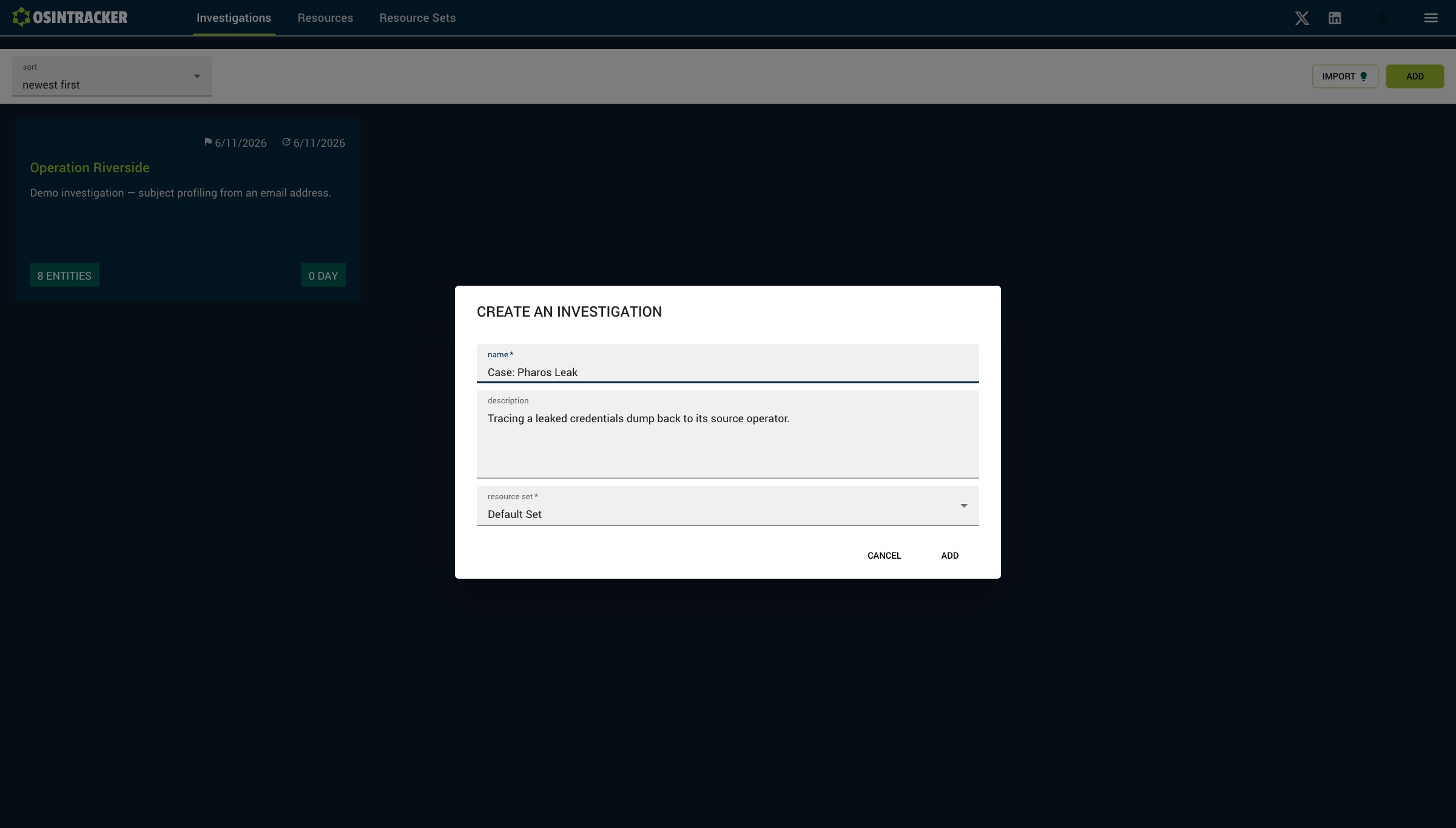 Create an investigation dialog